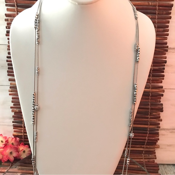 Chico's Silver Tone Beaded Rhinestone Long Double Chain Necklace - Picture 3 of 6